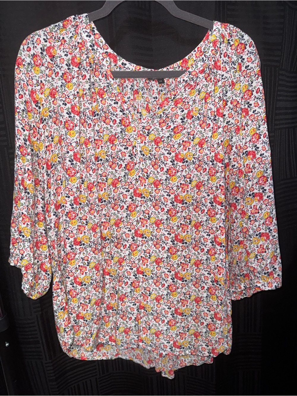 Women's Floral Scoop-Neck Blouse in White with Red & Yellow Flowers